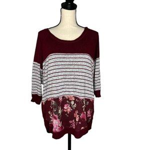 Women's Burgundy Striped & Floral Mixed-Print Top